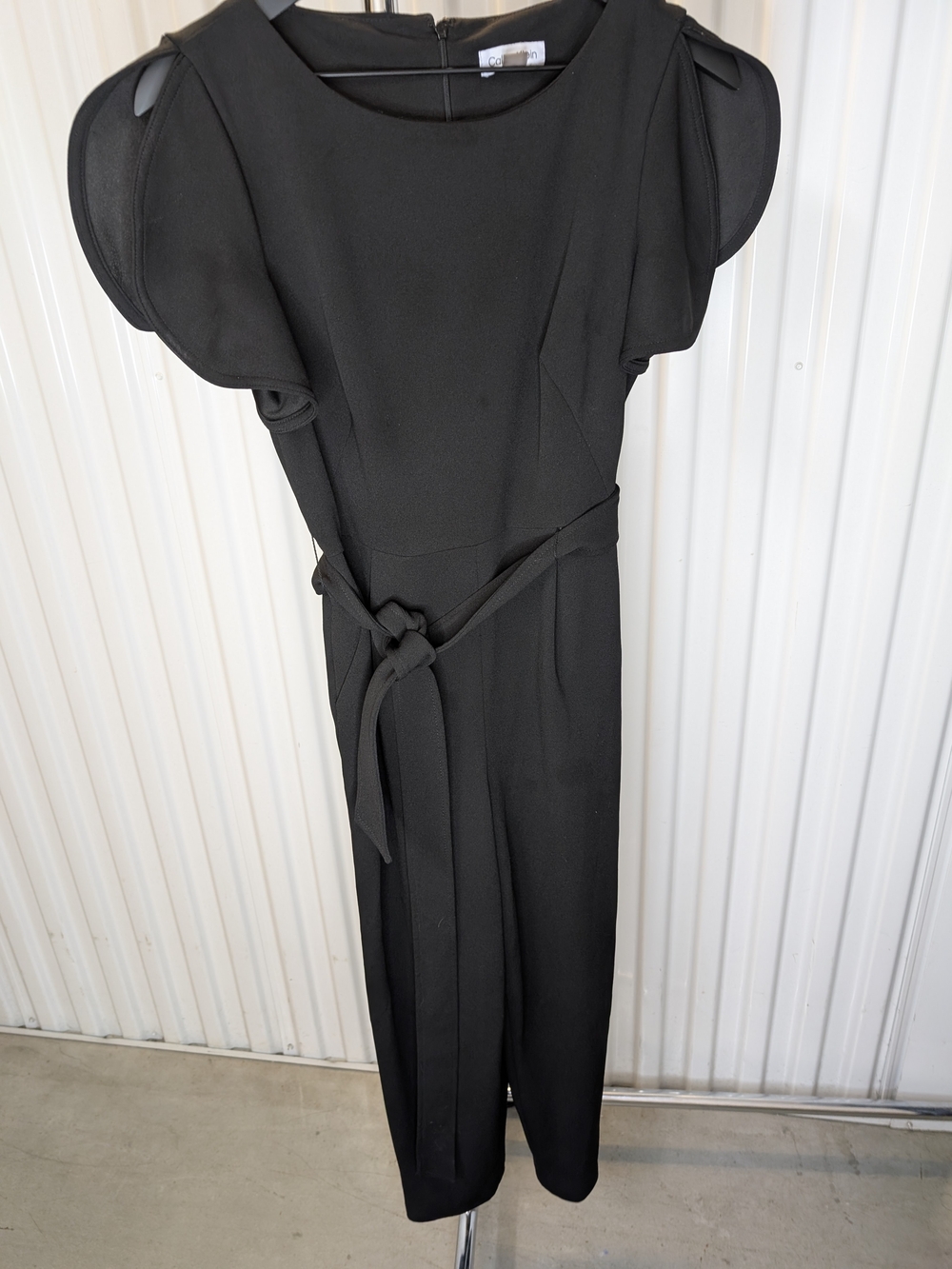 Calvin Klein Black Flutter-Sleeve Wide-Leg Jumpsuit with Waist Tie